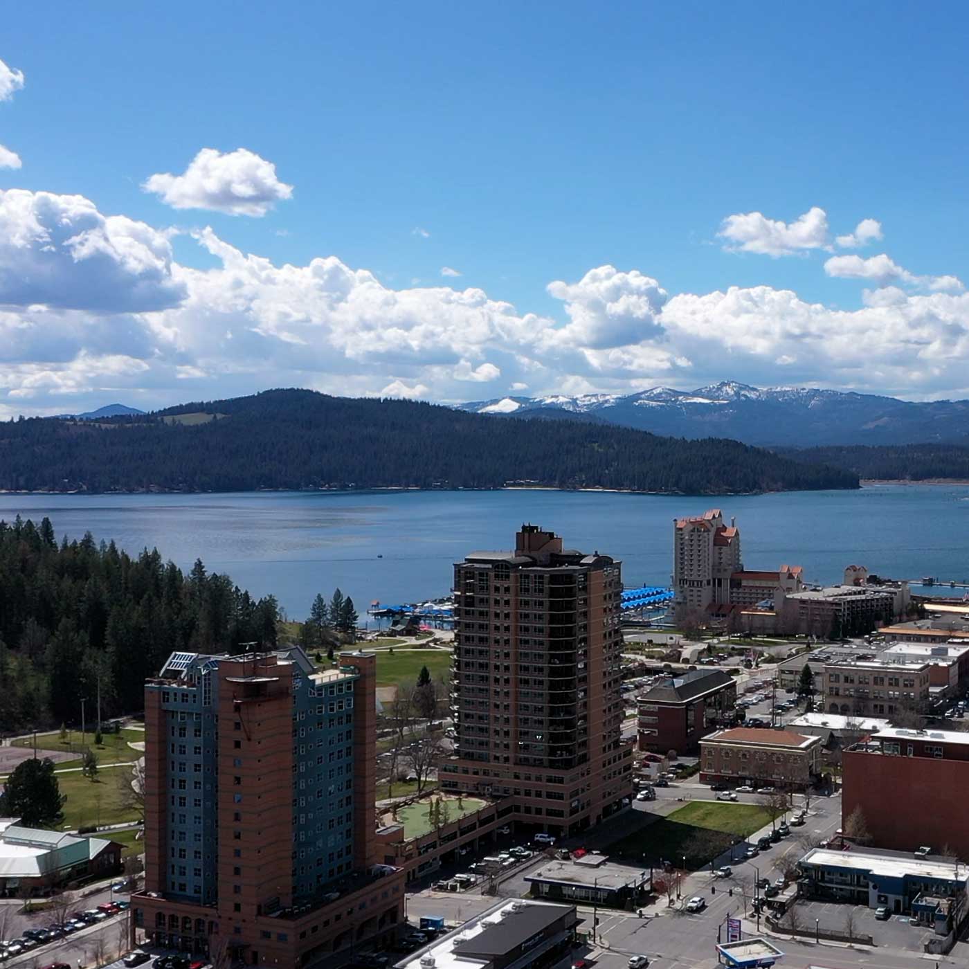 Drone photograph of downtown Coeur d'Alene with lake Coeur d'Alene in the background